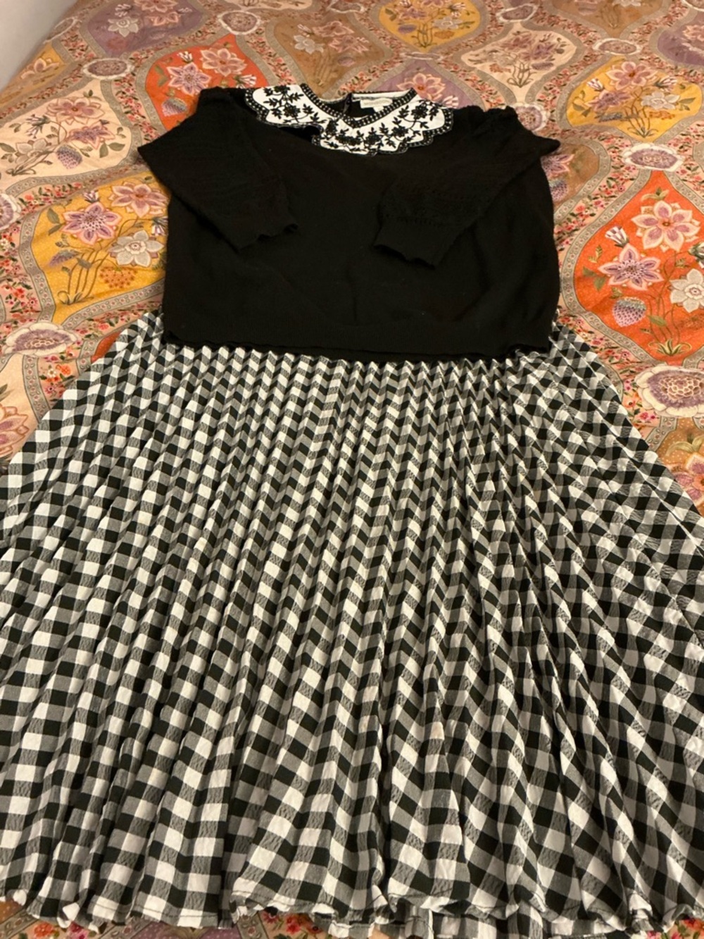 Monsoon Black Top with Black & White Pleated Gingham Skirt Set